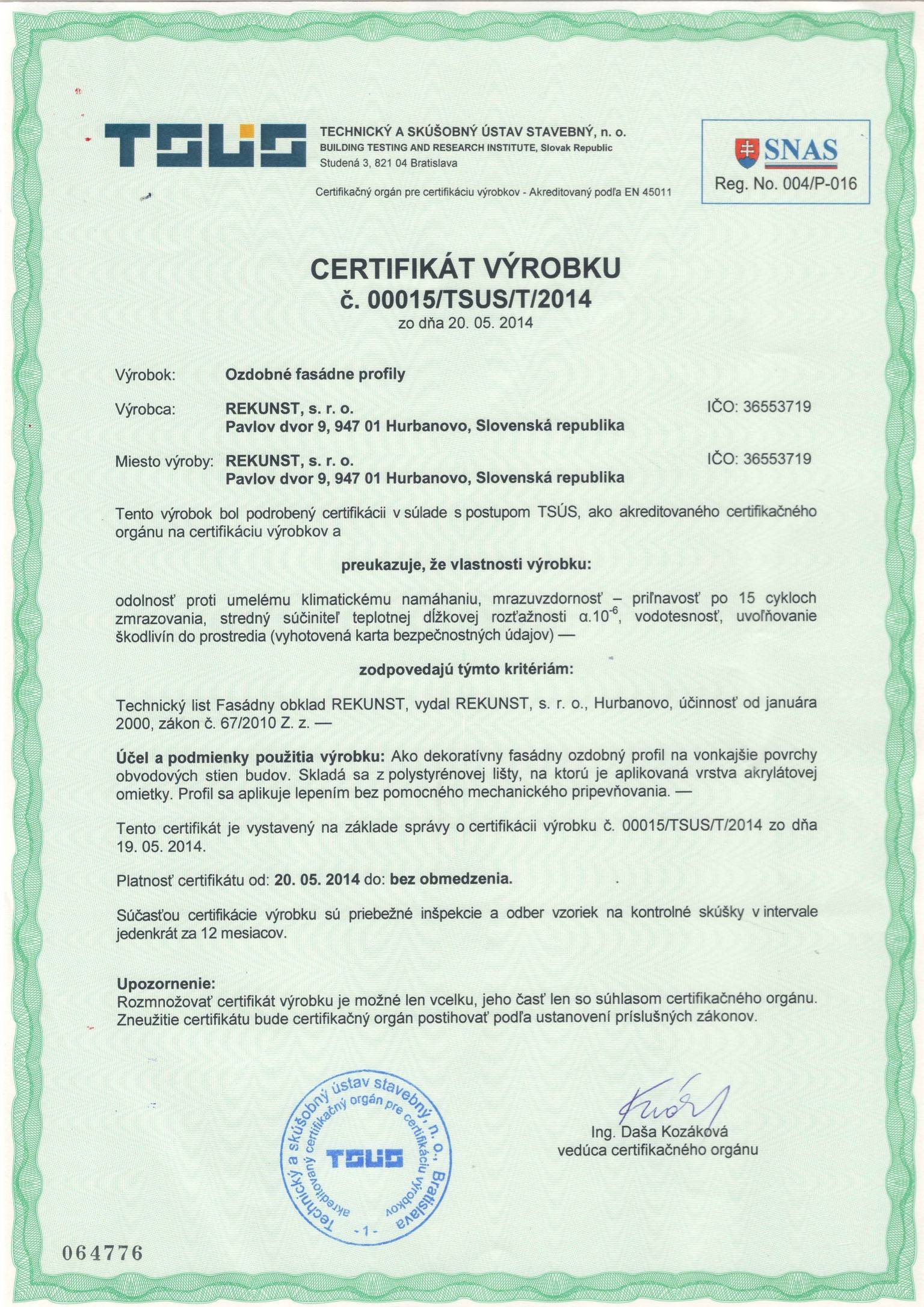Rekunst - ozdobné fasádne profily - certifikát výrobku